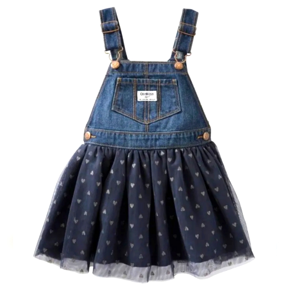 OshKosh B'gosh NWT girls overalls skirt gold sparkle hearts blue tulle 12 Months